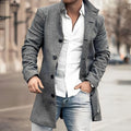 Light grey wool-blend single-breasted overcoat, longline tailored menswear.