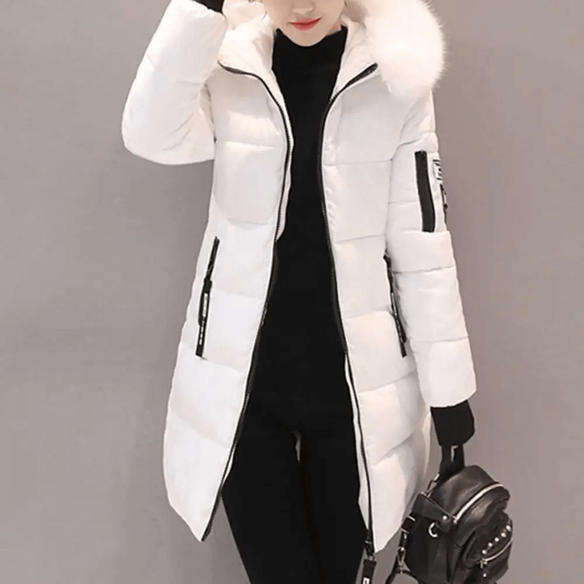 White Hooded windproof puffer coat with quilted mid-length jacket, product photo