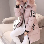 White Hooded windproof puffer coat with quilted mid-length jacket, styled product photo