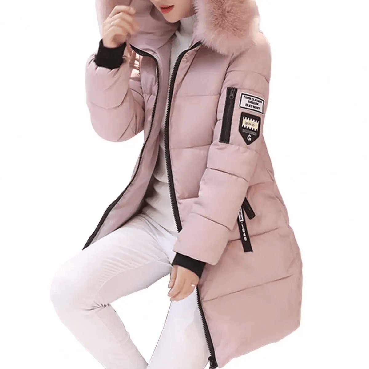 Pink Hooded windproof puffer coat with quilted mid-length jacket