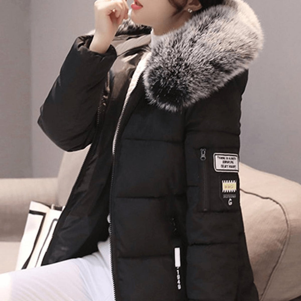Product photo showing the white hooded windproof puffer coat with quilted mid-length jacket