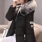 Product photo showing the white hooded windproof puffer coat with quilted mid-length jacket