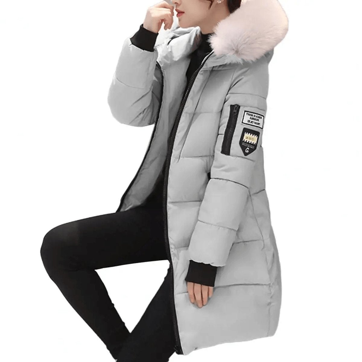 Grey Hooded windproof puffer coat with quilted mid-length jacket