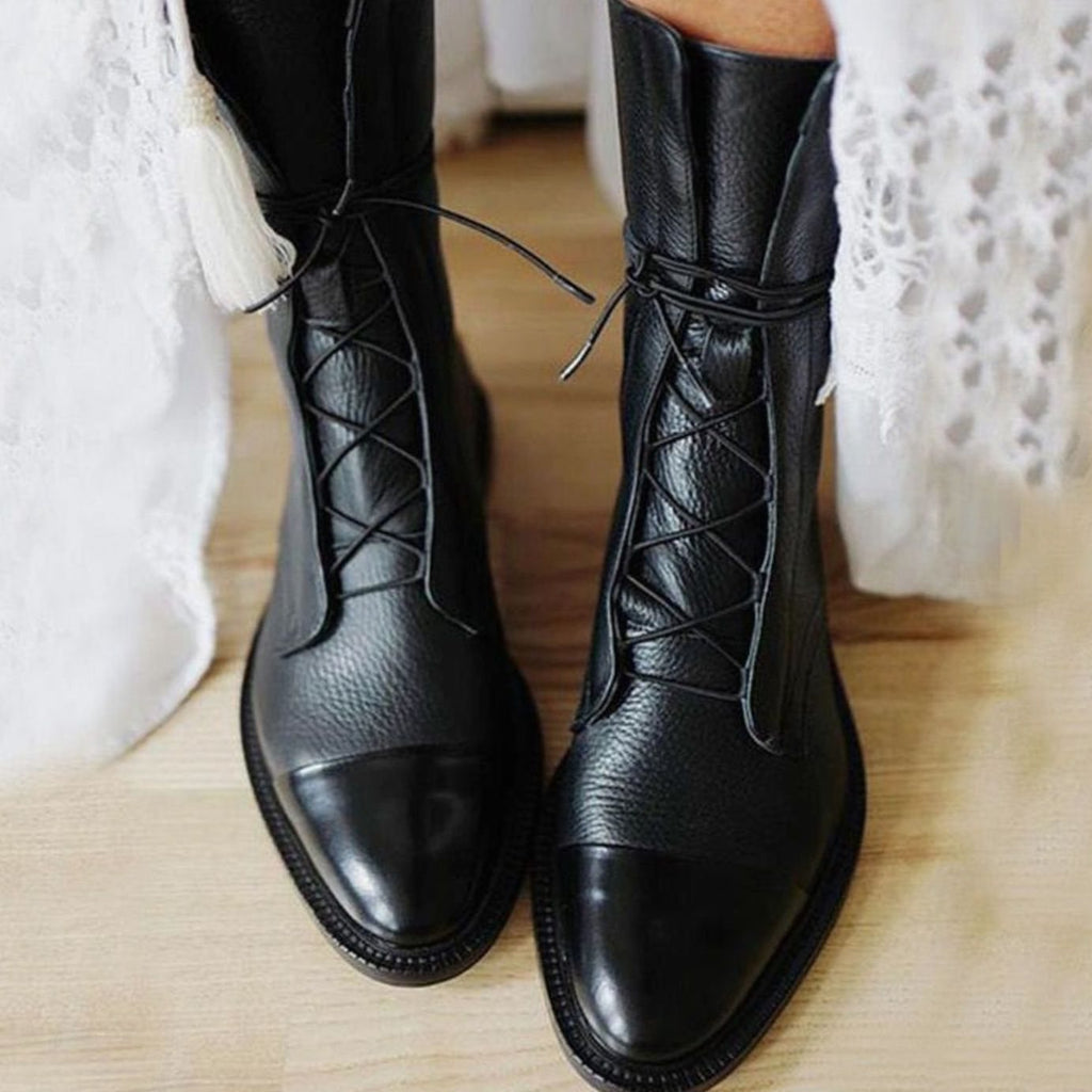 Black Lace-up leather cap-toe ankle boots for autumn