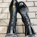 Black Lace-up leather cap-toe ankle boots for autumn, product photo