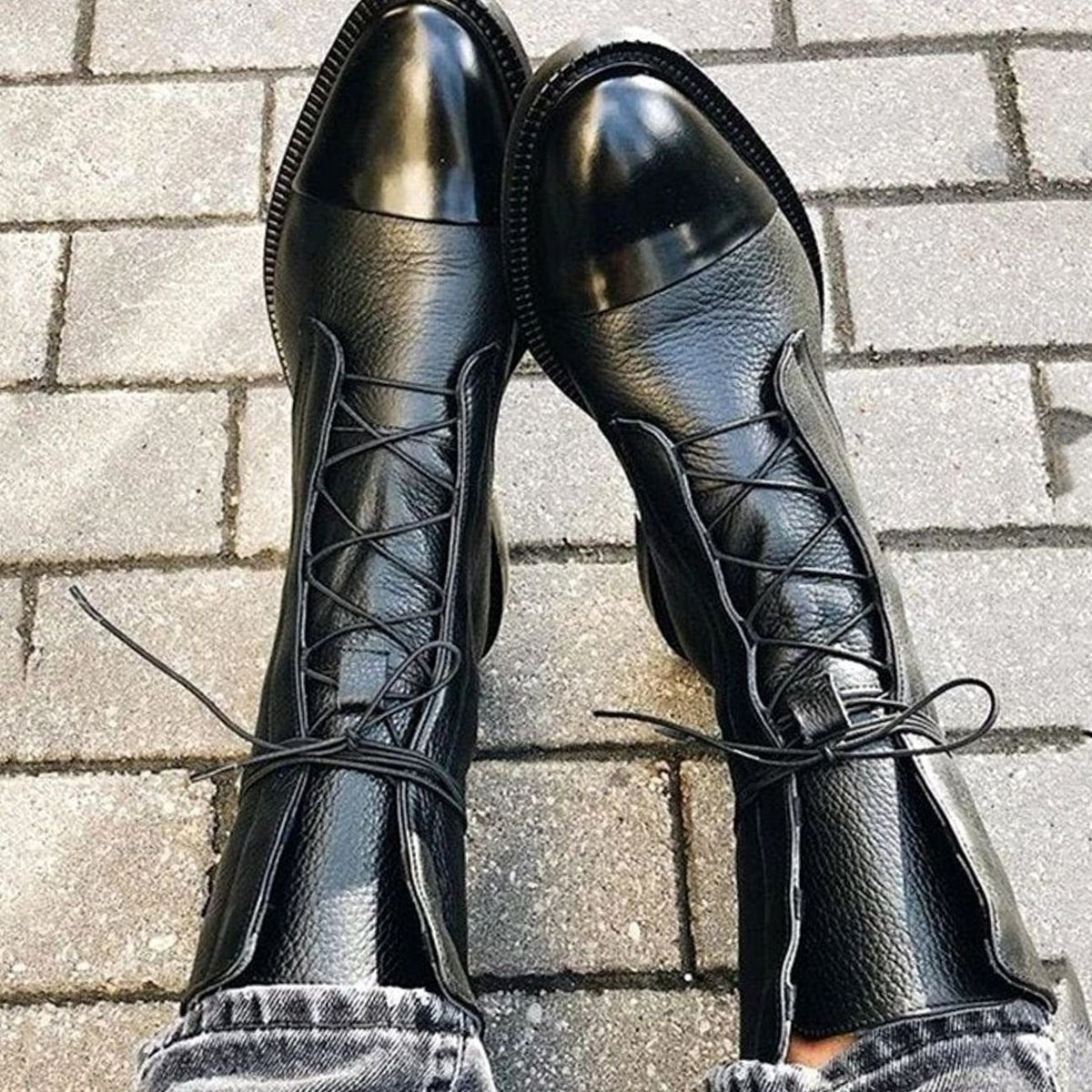 Black Lace-up leather cap-toe ankle boots for autumn, product photo