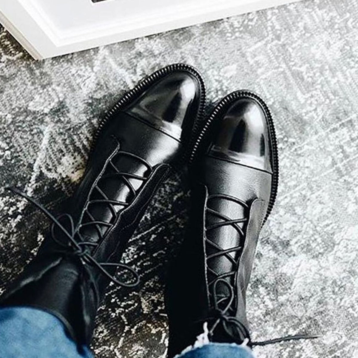 Black Lace-up leather cap-toe ankle boots for autumn, additional product photo