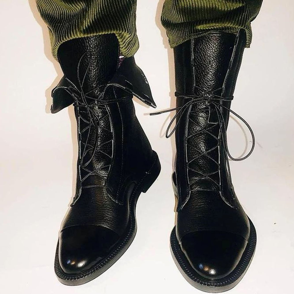 Black Lace-up leather cap-toe ankle boots for autumn, catalogue product photo