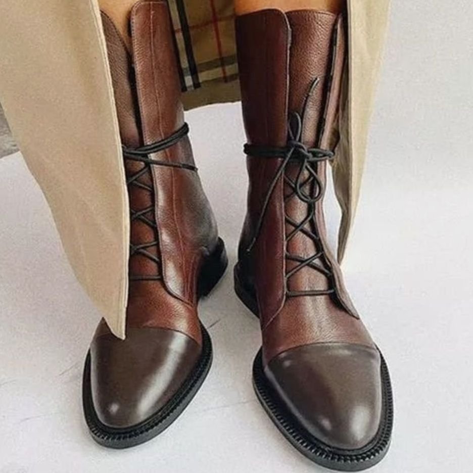 Brown Lace-up leather cap-toe ankle boots for autumn