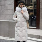 White quilted midi coat with faux fur hood trim, cosy padded winter jacket.