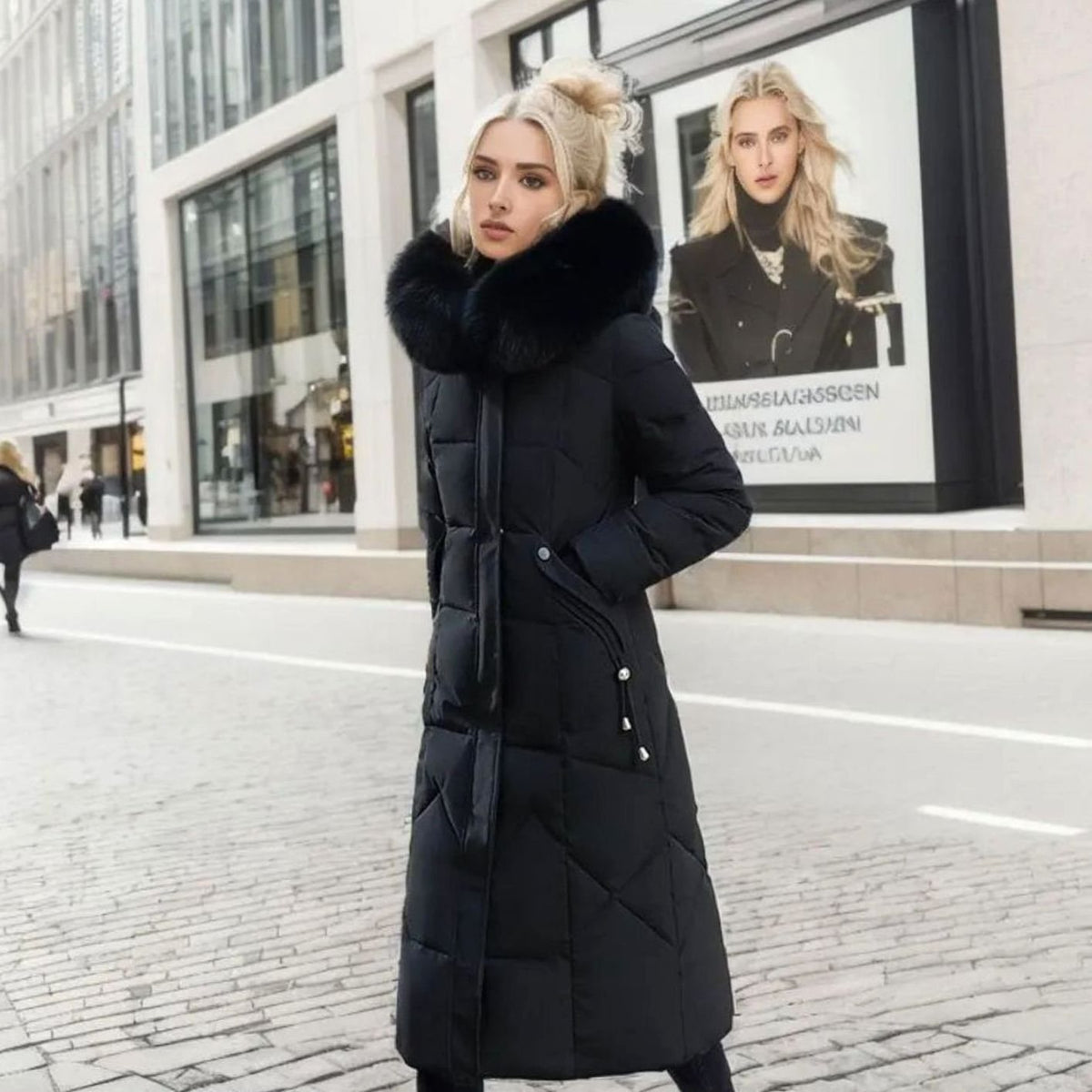 White quilted coat, midi length with faux fur hood trim, warm winter piece.
