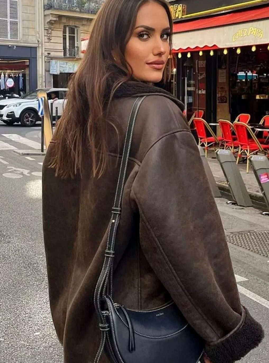 Brown oversized double-breasted jacket for women, teddy-lined autumn style