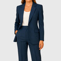 Women's navy tailored single-button blazer trouser suit for the office