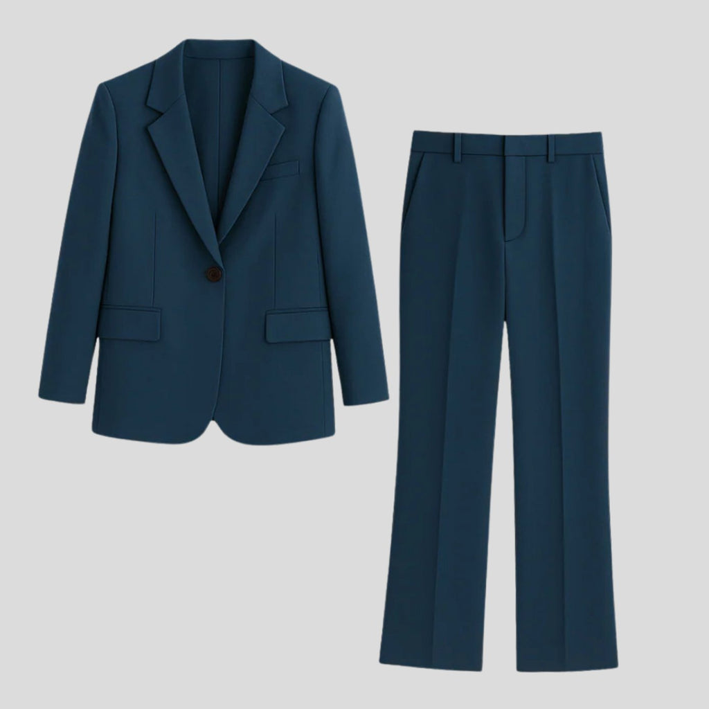 Women's navy tailored single-button blazer trouser suit for the office