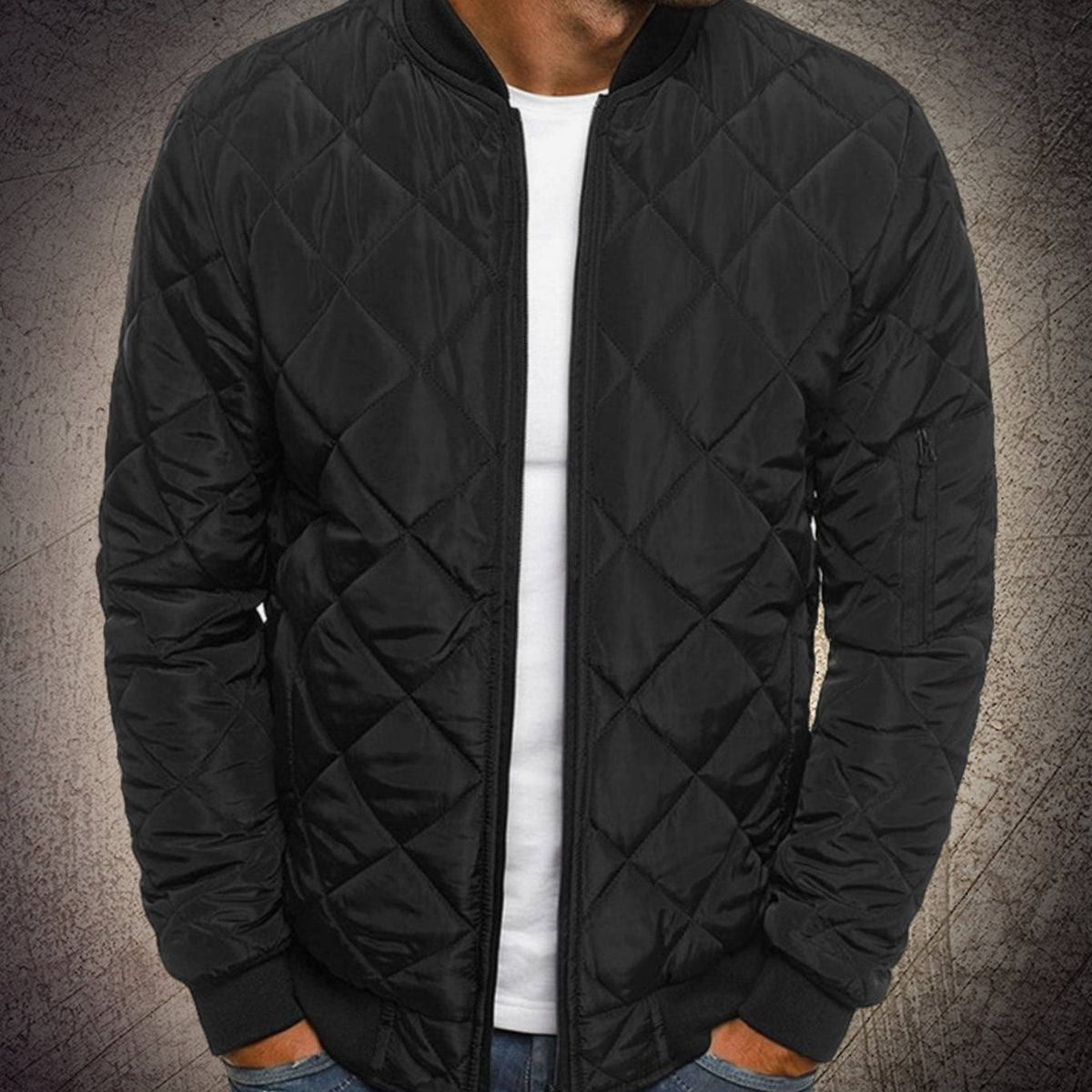 Black quilted bomber jacket with a lightweight zip-up front