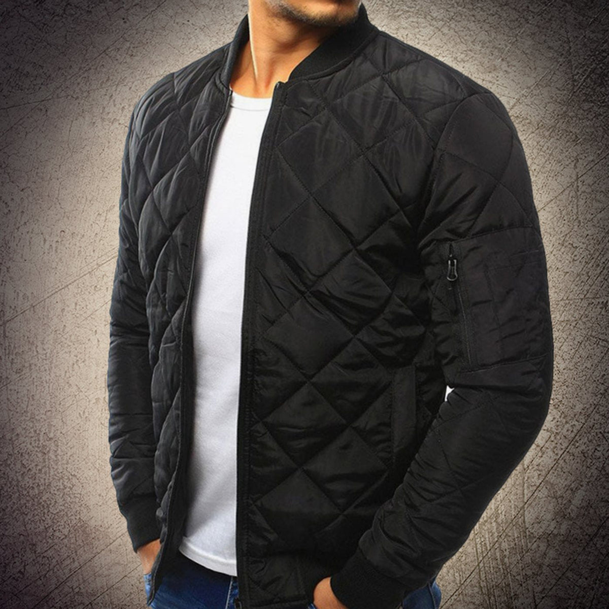 Black quilted bomber jacket, front view showing the zip-up fastening
