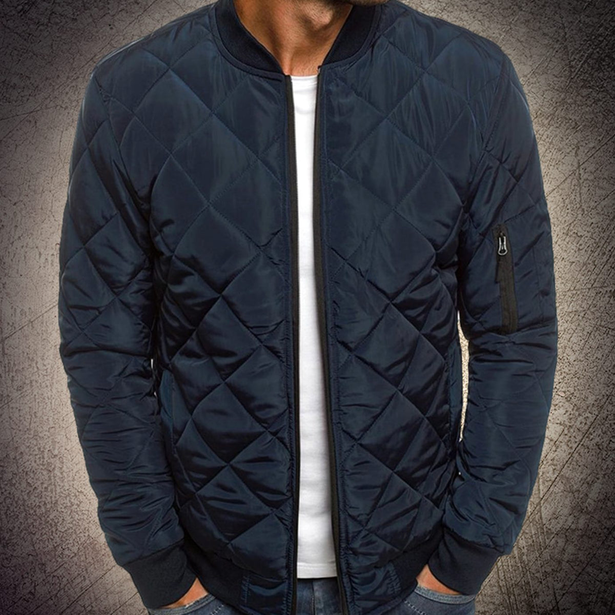 Blue quilted bomber jacket with a lightweight zip-up front