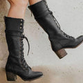 Black lace-up knee-high boots with block heel and side zip fastening