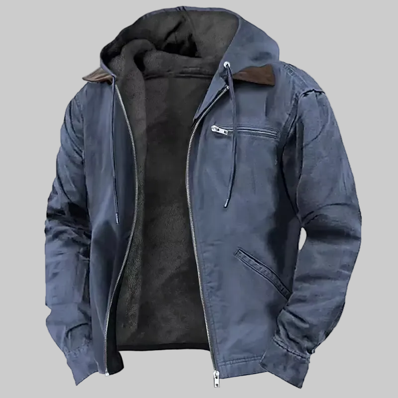 Navy blue high-loft quilted puffer jacket with zip closure for men