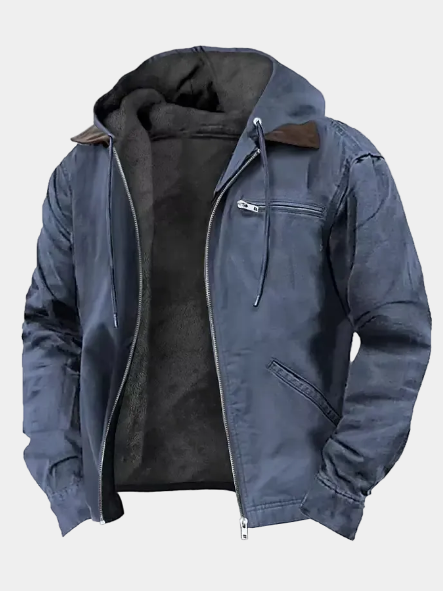 Navy blue high-loft quilted puffer jacket with zip closure for men