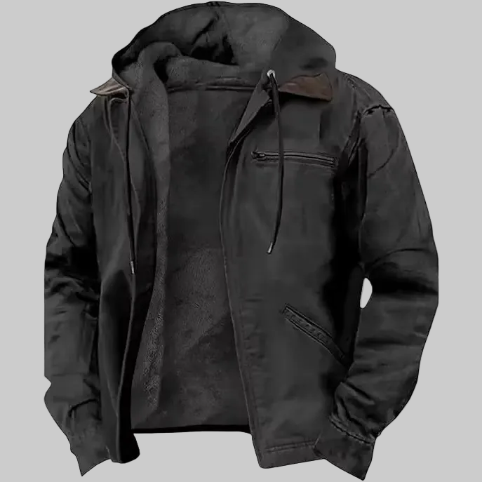 Black high-loft quilted puffer jacket with zip closure for men