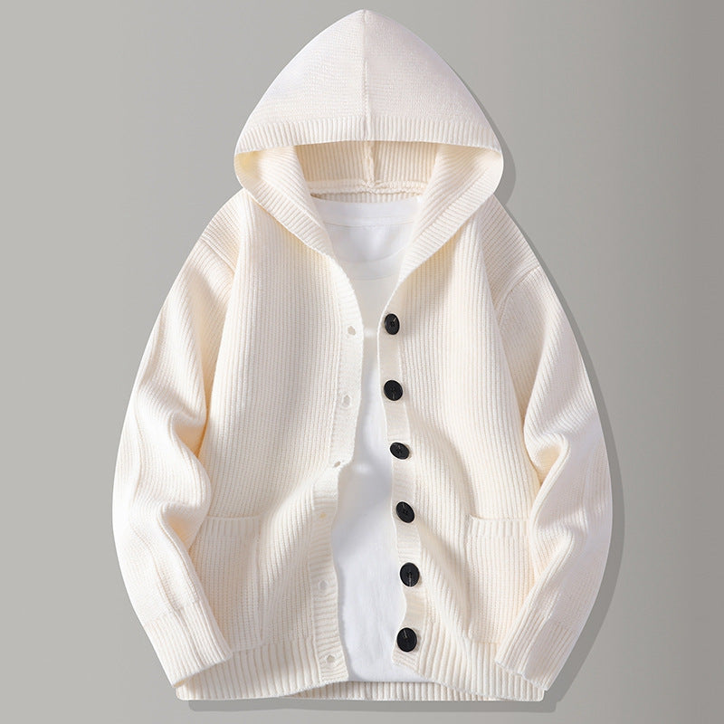 Men's hooded textured knit cardigan in white with a button-front design
