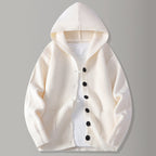 Men's hooded textured knit cardigan in white with a button-front design