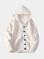 Men's hooded textured knit cardigan in white with a button-front design