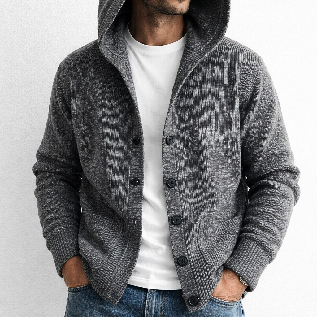 Men's hooded textured knit cardigan in black with a button-front design