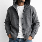 Men's hooded textured knit cardigan in black with a button-front design