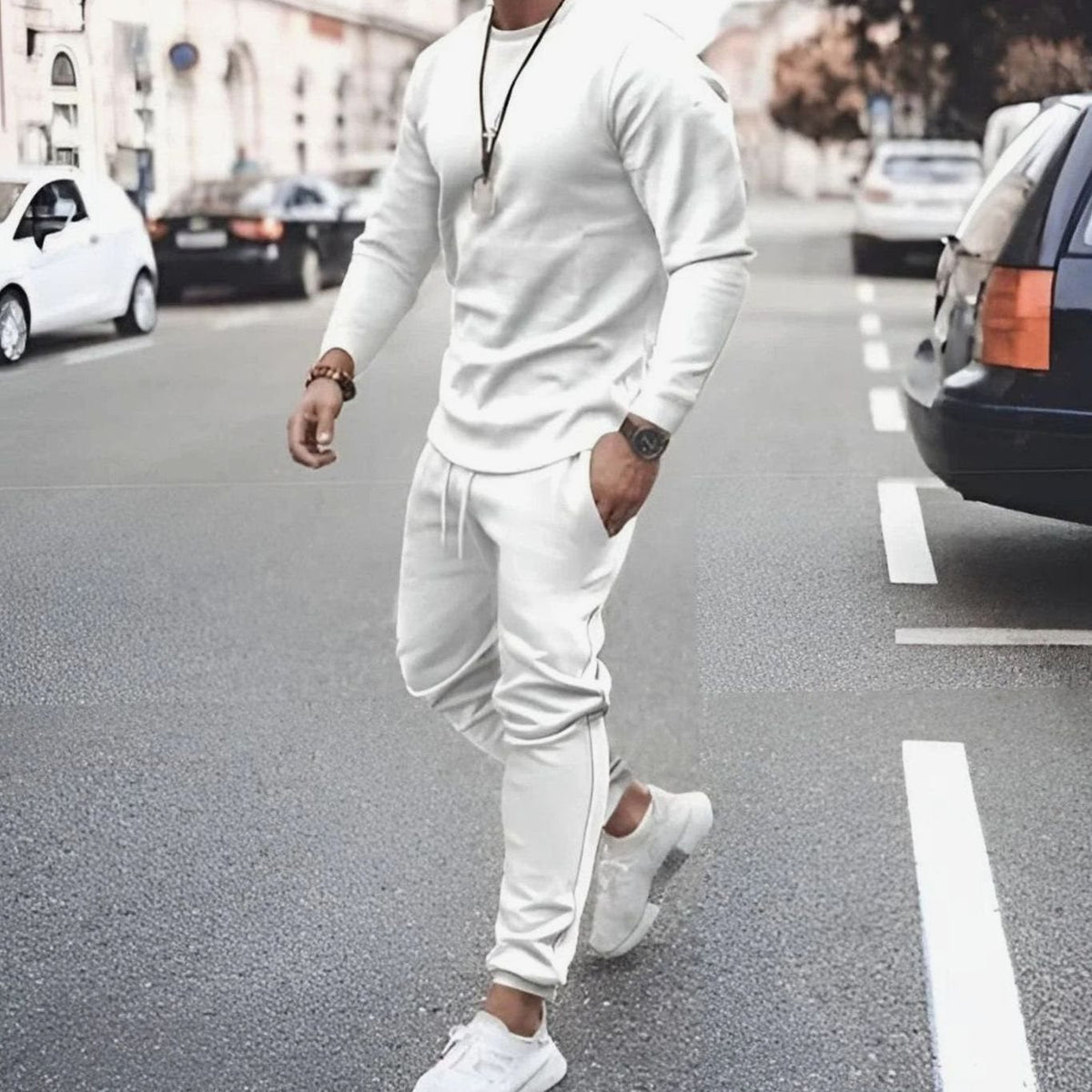 White long-sleeve jogger tracksuit set with a drawstring waist