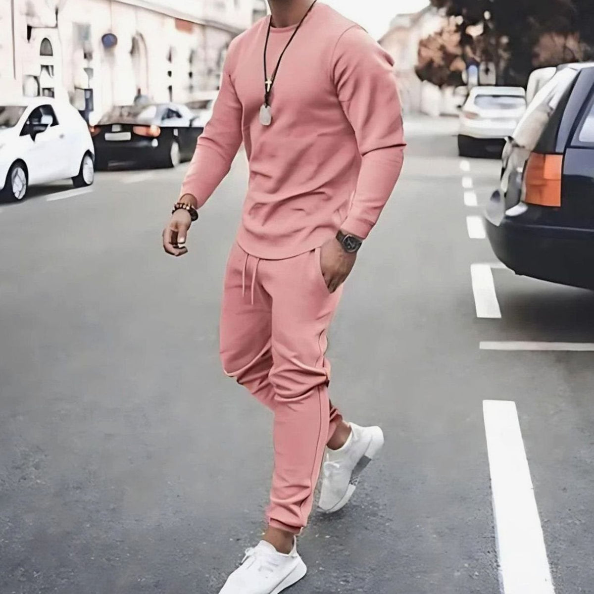 Pink long-sleeve jogger tracksuit set with a drawstring waist