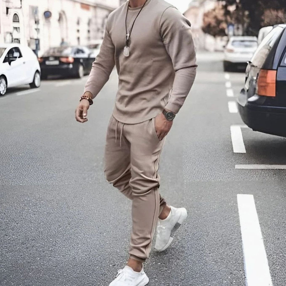 Beige long-sleeve jogger tracksuit set with a drawstring waist