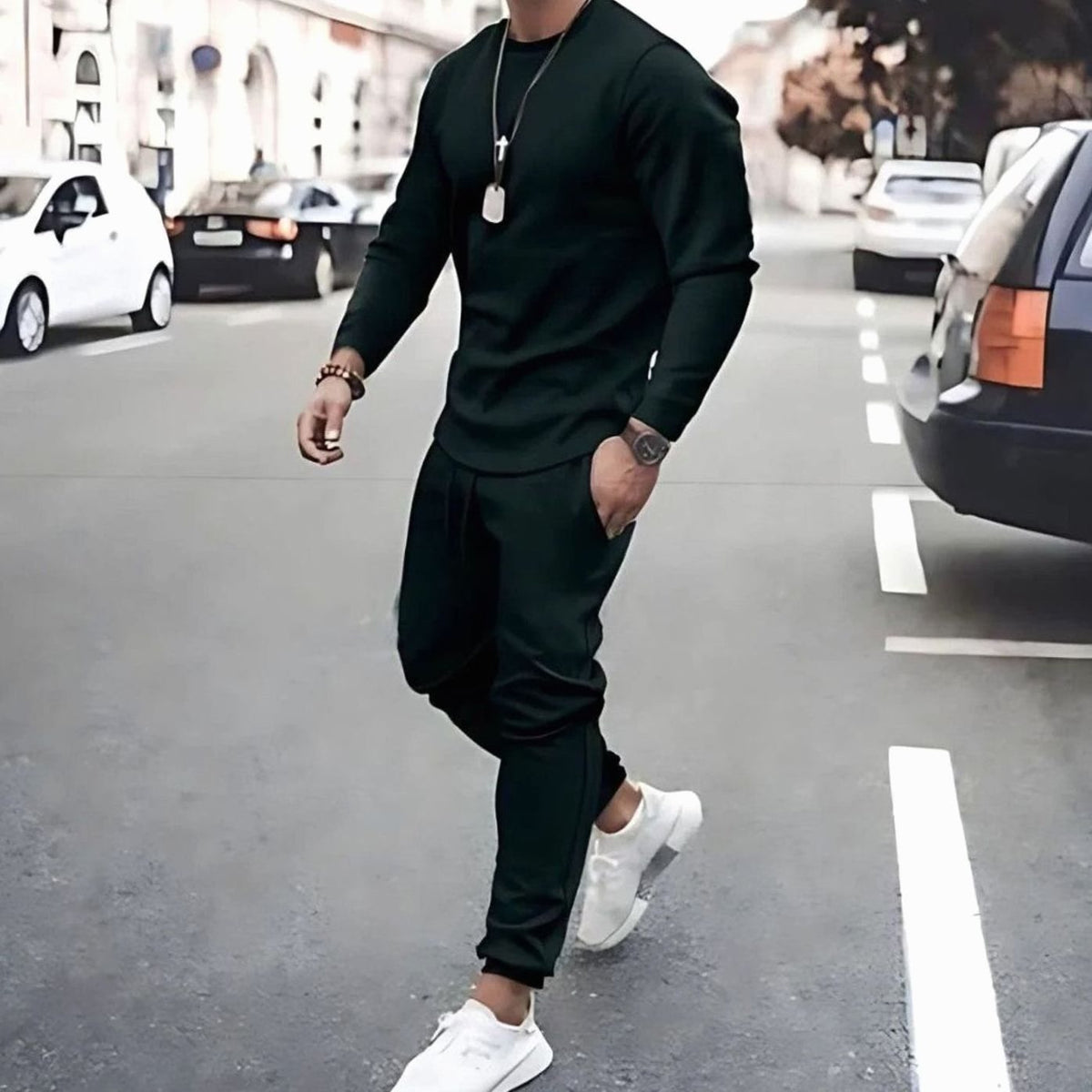 Black long-sleeve jogger tracksuit set with a drawstring waist