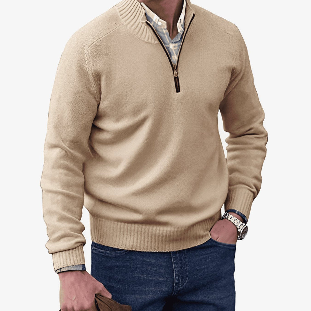 Brown half-zip mock neck knitted jumper, long sleeve style for men