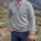 Brown half-zip mock neck knitted jumper, long sleeve style for men