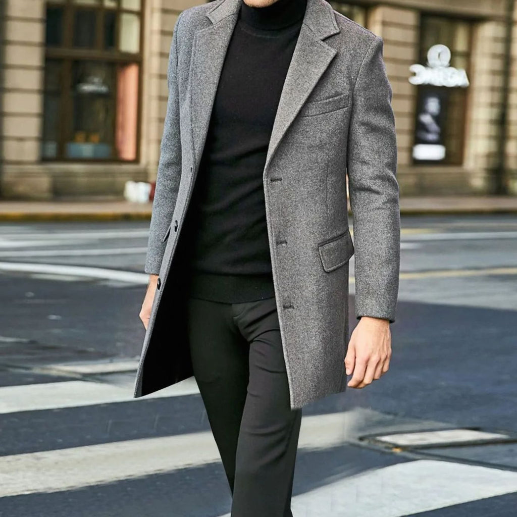 Men's wool-blend overcoat, tailored fit with flap-pocket detailing.