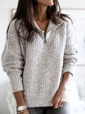 Women's cable-knit zip-up jumper in grey with a ribbed V-neck collar