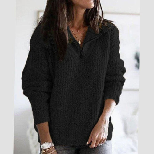 Women's cable-knit zip-up jumper in grey with a ribbed V-neck collar