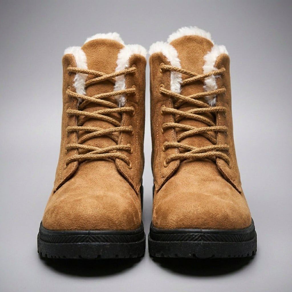 Red Fur-lined lace-up snow boots for icy days, product photo