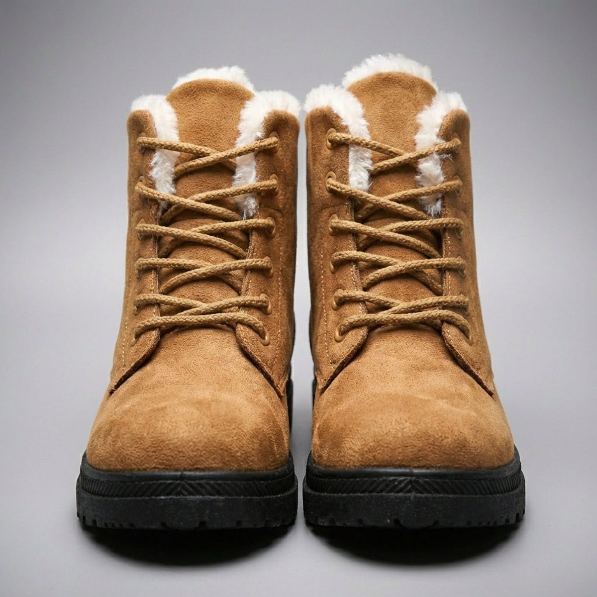 Red Fur-lined lace-up snow boots for icy days, product photo