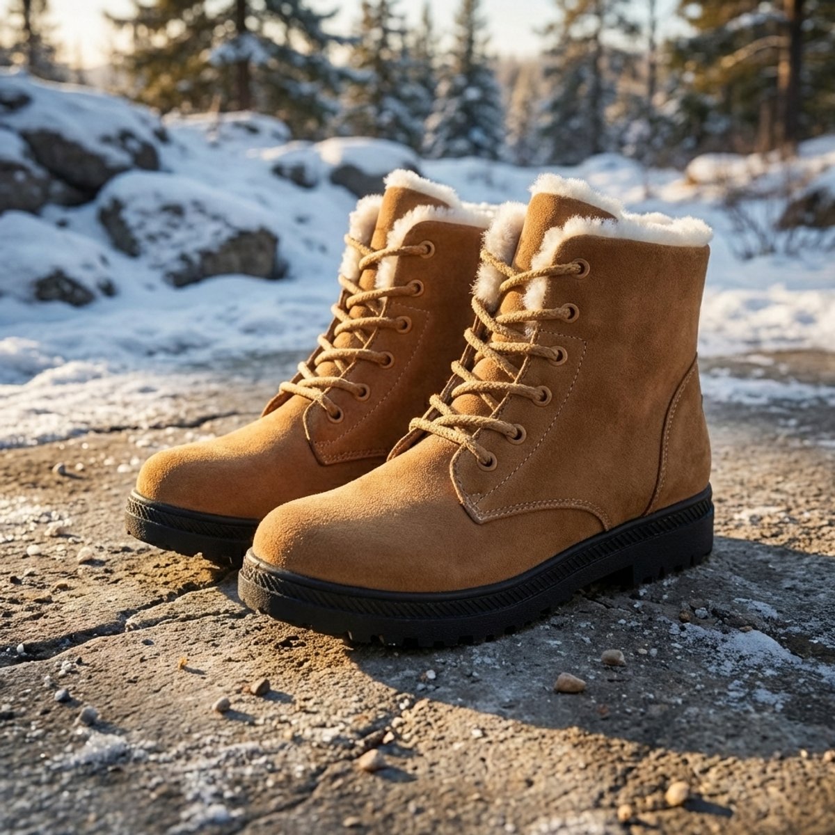 Product photo of the red fur-lined lace-up snow boots for icy days