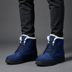 Red Fur-lined lace-up snow boots for icy days, styled product photo