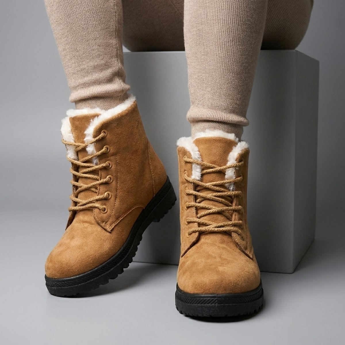 Red Fur-lined lace-up snow boots for icy days shown in a product photo