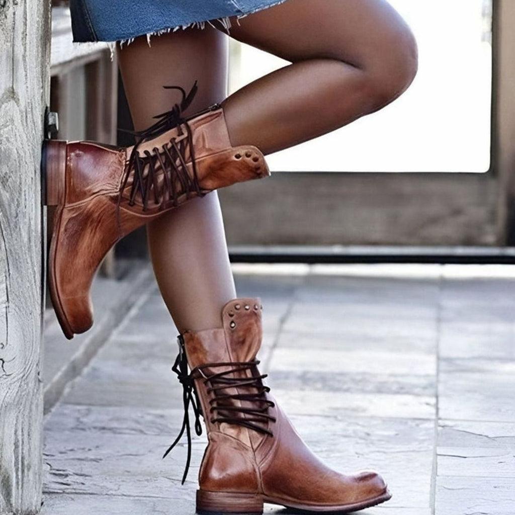 Brown lace-up mid-calf boots with block heel, styled with bare legs