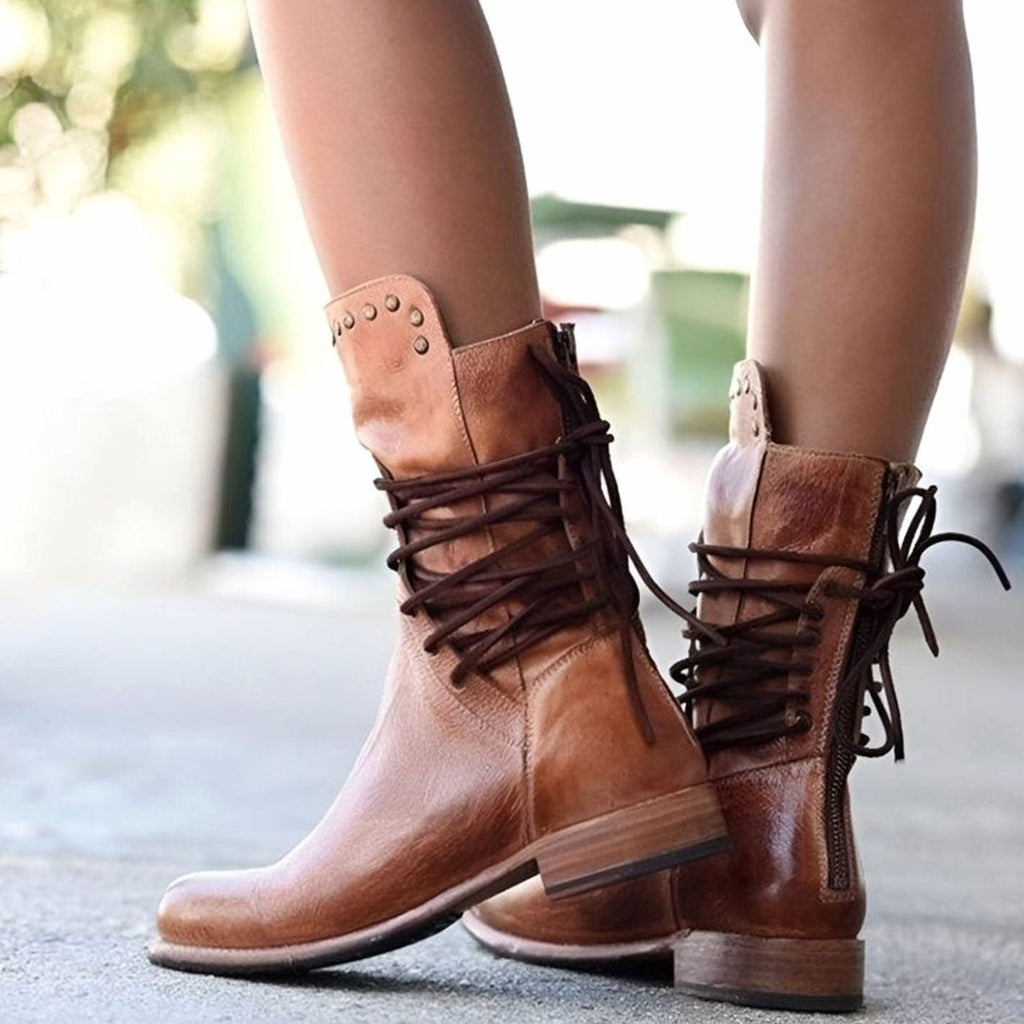 Brown lace-up mid-calf boots with block heel, close-up on the laces