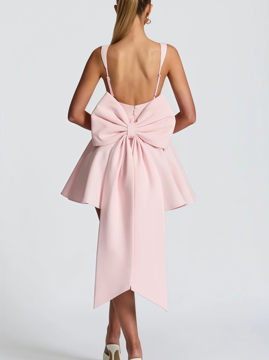 Pink Square-neck flared oversized bow-back mini dress