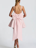Pink Square-neck flared oversized bow-back mini dress