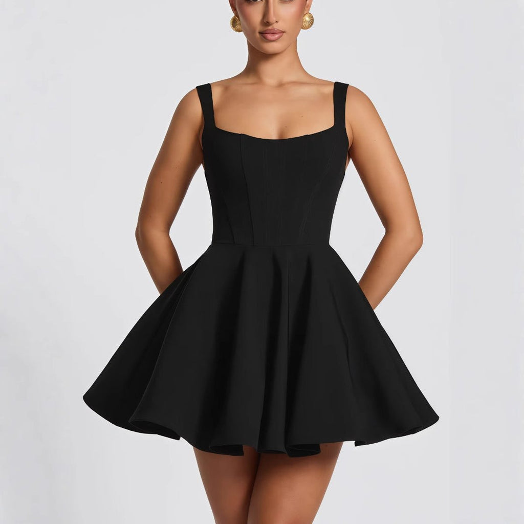 Product photo of the pink square-neck flared oversized bow-back mini dress