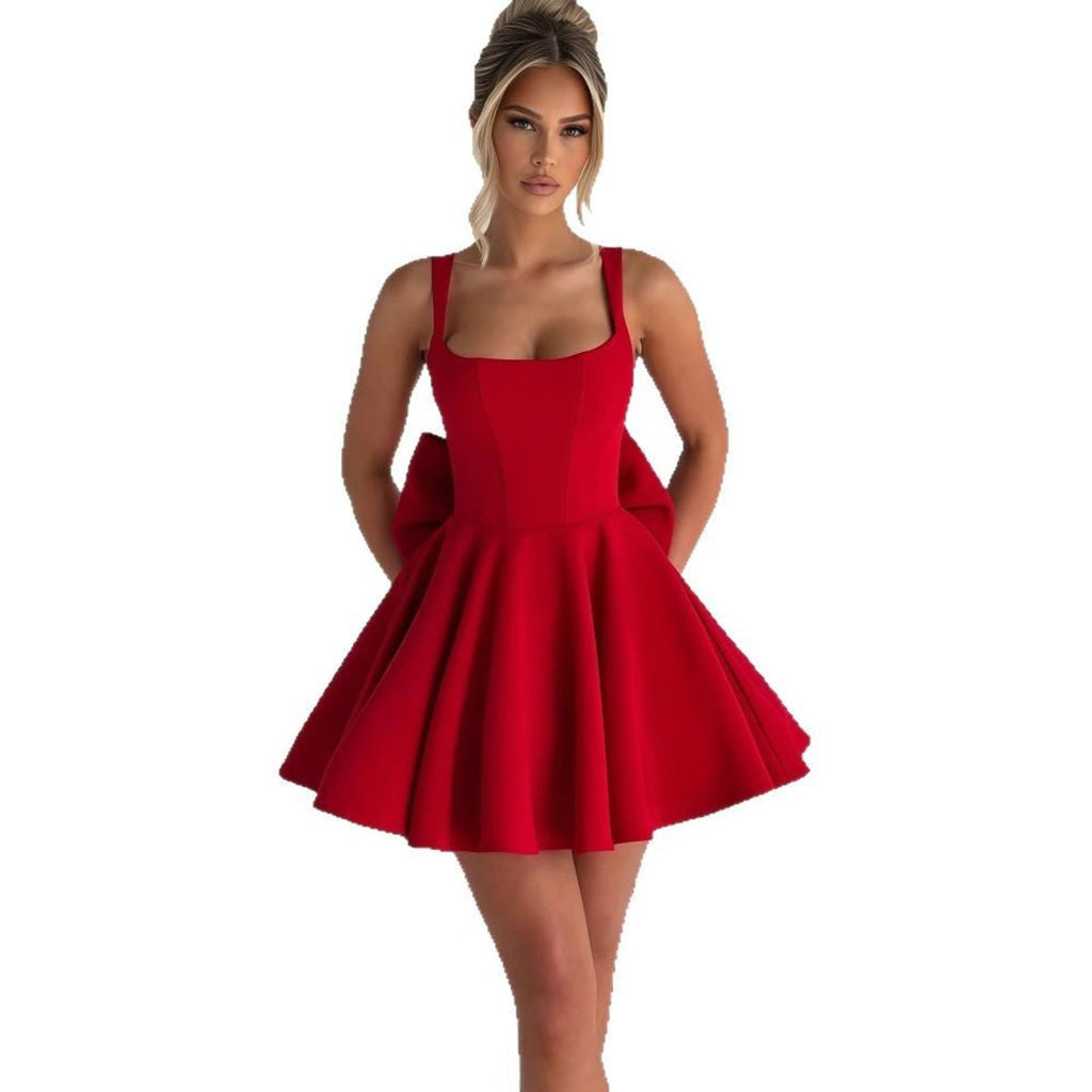 Product photo showing the pink square-neck flared oversized bow-back mini dress